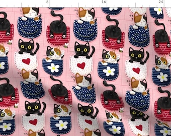 Cat Fabric - Cat In The Pocket By Whimsical Brush - Cat Pink Feline Animal Lover Hearts Flowers Cotton Fabric By The Yard With Spoonflower