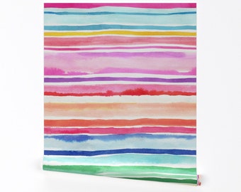 Papier peint à rayures aquarelle - rayures colorées par ninola-design - papier peint estival amovible coloré vibrant et coloré par Spoonflower
