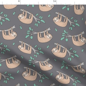Lazy Sloth Fabric - Sloths On Tree Branch With Leaves On Grey By Caja Design - Creatures Jungle Cotton Fabric By The Yard With Spoonflower