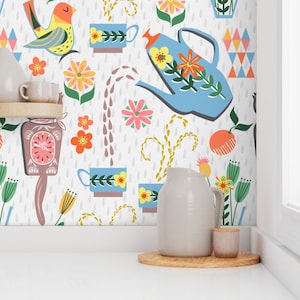 Vintage Kitsch Wallpaper - Coffee Break by landmink - Retro Cat Clock Teapot Coffee Mcm  Removable Peel and Stick Wallpaper by Spoonflower