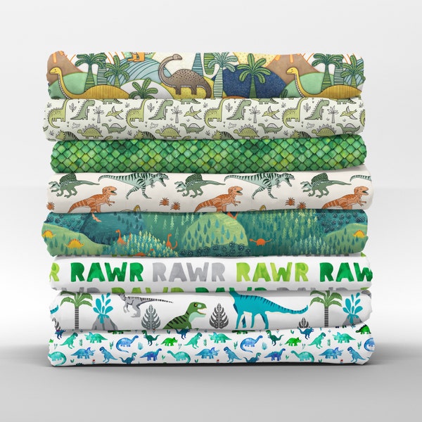 Fat Quarters en coton dinosaure - Écailles vertes pour enfants préhistoriques TRex Jurassic Petal Quilting Cotton Mix & Match Fat Quarters par Spoonflower