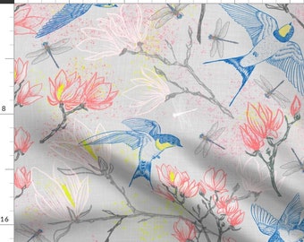Birds and Blooms Fabric - Swallows Magnolias (Silver) Large Scale By Helenpdesigns - Dragonflies Cotton Fabric By The Yard With Spoonflower