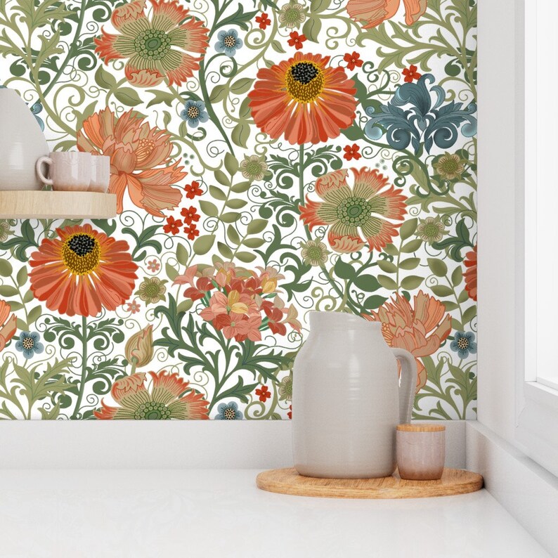 Victorian Style Floral Wallpaper Le Jardin Art Nouveau White Etsy