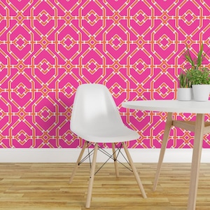 Bamboo Trellis Peel and Stick Wallpaper - Hot Pink Orange Chinoiserie - Removable Wall Decor Art - Preppy Spring by misentangledvision