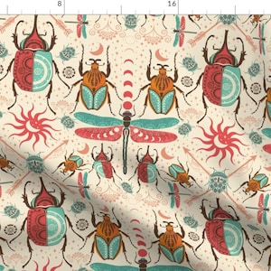 Retro Bugs Fabric - Retro Mystical Bugs By Famenxt -Beige Firefly Beetle Sun Moon Egypt Turquoise Cotton Fabric By The Yard With Spoonflower