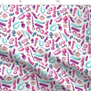 MATURE NSFW Watercolor Sex Toys Fabric - Sex Toys By Kindermama - Colorful sexuality adult Cotton Fabric By The Yard With Spoonflower image 1