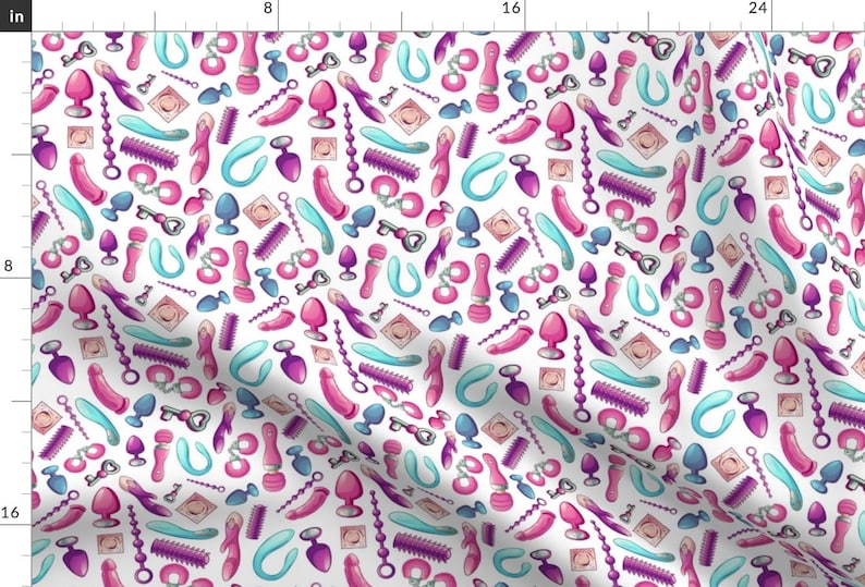 MATURE NSFW Watercolor Sex Toys Fabric - Sex Toys By Kindermama - Colorful sexuality adult Cotton Fabric By The Yard With Spoonflower image 1