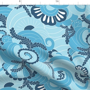 May include: A seamless pattern featuring a swirling, abstract design in shades of blue. The pattern includes stylized flowers, leaves, and waves.