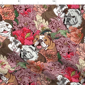 English Bulldog Floral Fabric - Because English Bulldog By Huebucket - English Bulldog Cartoon Cotton Fabric By The Yard With Spoonflower
