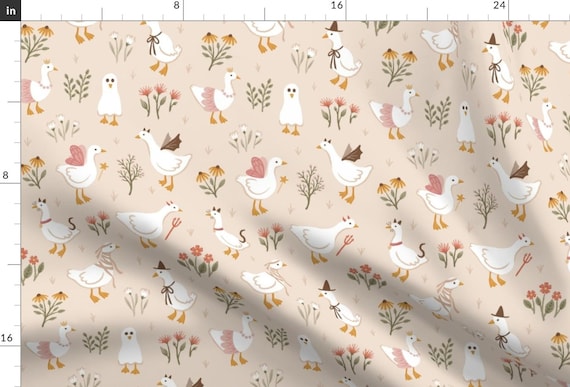 Whimsical Halloween Apparel Fabric - Trick Or Treat Geese by lulubelle_design - Vintage Floral Goose Autumn Clothing Fabric by Spoonflower