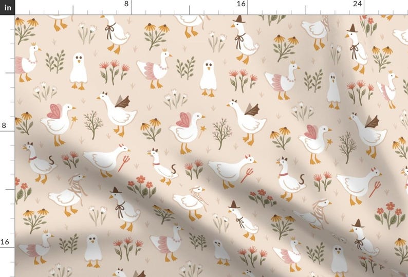 Whimsical Halloween Apparel Fabric - Trick Or Treat Geese by lulubelle_design - Vintage Floral Goose Autumn Clothing Fabric by Spoonflower image 1
