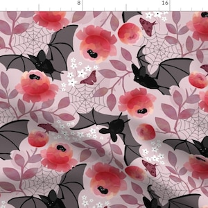 Halloween Fabric - Pastel Bat Floral By Adenaj - Halloween Pink Botanical Purple Black Haunted Cotton Fabric By The Yard With Spoonflower