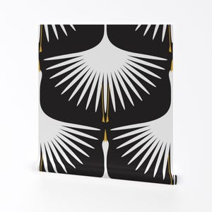 Schwäne Tapete - Art-Deco-Schwäne - Weiß auf Schwarz Von Katerhees - Schwäne Individuell bedruckte entfernbare selbstklebende Tapetenrolle von Spoonflower