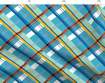 Plaid Fabric - Cocktail Plaid Blues By Elizabethhalpern - Plaid Aqua Blue Red Yellow Modern Home Cotton Fabric By The Yard With Spoonflower