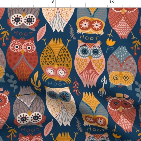 Owls Fabric - I Give A Hoot By Fineapple Pair - Owls Rustic Floral Rust Red Navy Blue Bird Night Cotton Fabric By The Yard With Spoonflower