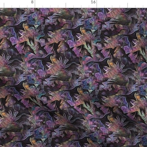 May include: A seamless pattern featuring a repeating design of stylized birds in shades of purple, blue, and green on a black background.
