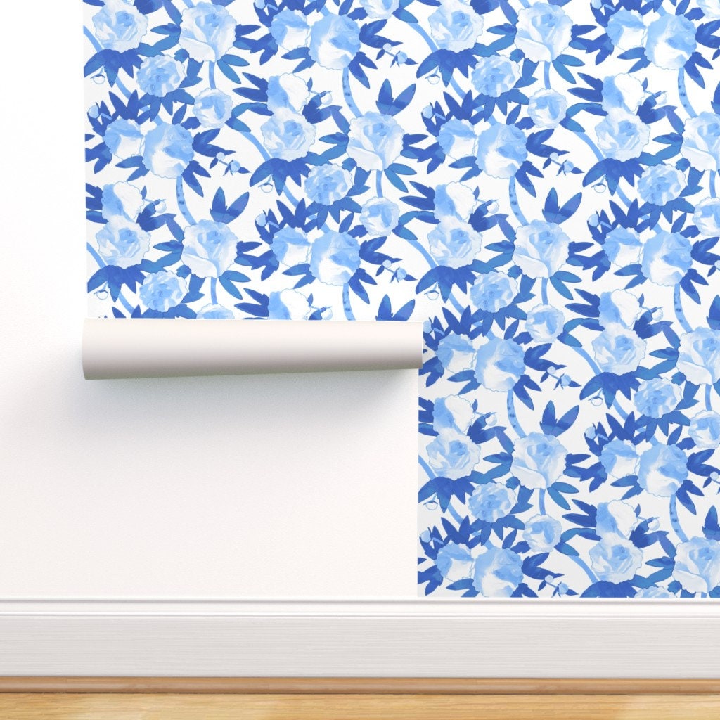 Removable Water-Activated Wallpaper Blue And White Chinoiserie Toile Willow 