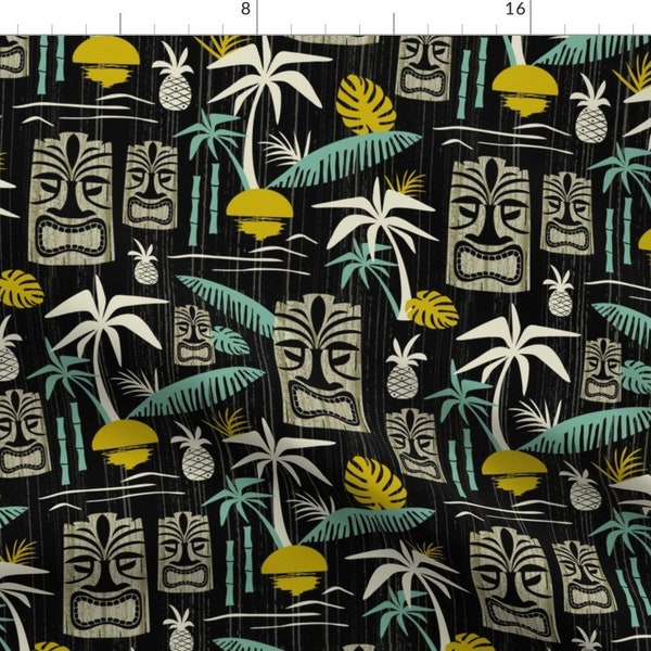 Tiki Fabric - Island Black By Heatherdutton Tropical Retro Palm Tree Coconut Vacation Summer - Cotton Fabric By The Yard With Spoonflower