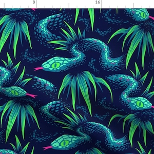 May include: A seamless pattern featuring green snakes with blue scales and green leaves on a dark blue background.