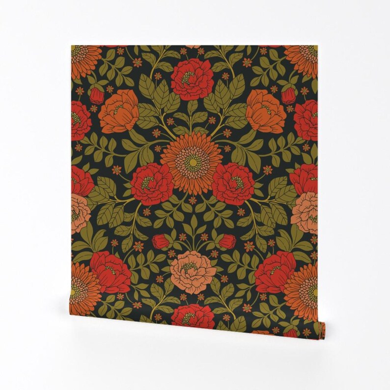 Vintage Garden Peel and Stick Wallpaper - Green Red Orange Victorian Floral - Removable Wall Decor Art - Botanical Pattern by somecallmebeth image 2
