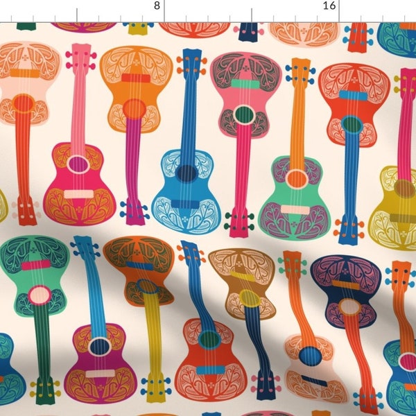 Bright Ukuleles Fabric - Hawaiian Ukulele By Pakanta Handmade - Folk art inspired Colorful Bright Cotton Fabric By The Yard With Spoonflower