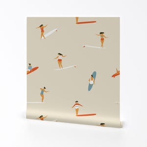 Surfing Wallpaper - Soul Surfers White By Tasiania - Surfing Beige Custom Printed Removable Self Adhesive Wallpaper Roll by Spoonflower
