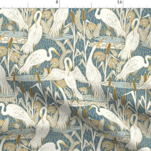 Coastal Cranes Fabric - Watching Cranes by illaberek - Art Deco Classic Nautical Cream Blue Nature Birds  Fabric by the Yard by Spoonflower