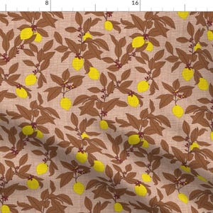 May include: A seamless pattern featuring brown branches with yellow lemons on a light brown background.