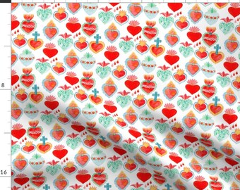 Sacred Heart Fabric - Sacred Hearts By Runlenarun - Corazon Catholic Art Religion Red Blue Cotton Fabric By The Yard With Spoonflower