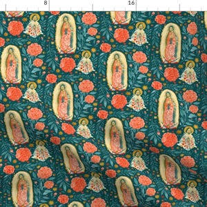 Catholic Fabric - Guadalupe By Abigailhalpin - Catholic Mother Mary Religious Faith Blue Floral Cotton Fabric By The Yard With Spoonflower