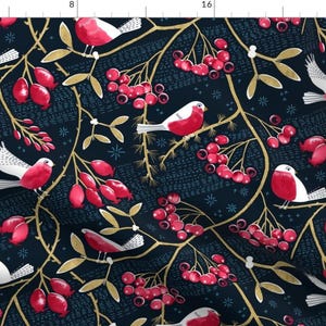 Berry Floral Pattern WInter Fabric - Winter Berries And Birds By Marketa Stengl - Berry Cotton Fabric By The Yard With Spoonflower