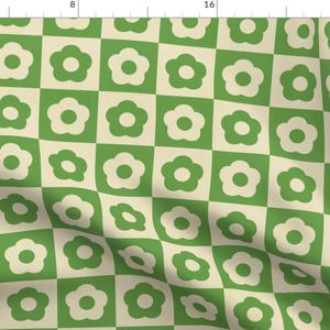 Vintage Fabric - Retro Checkered Daisies By Bobbie Val - Cream Green Geo 90s Y2K 70s Funky Fun Cotton Fabric By The Yard With Spoonflower
