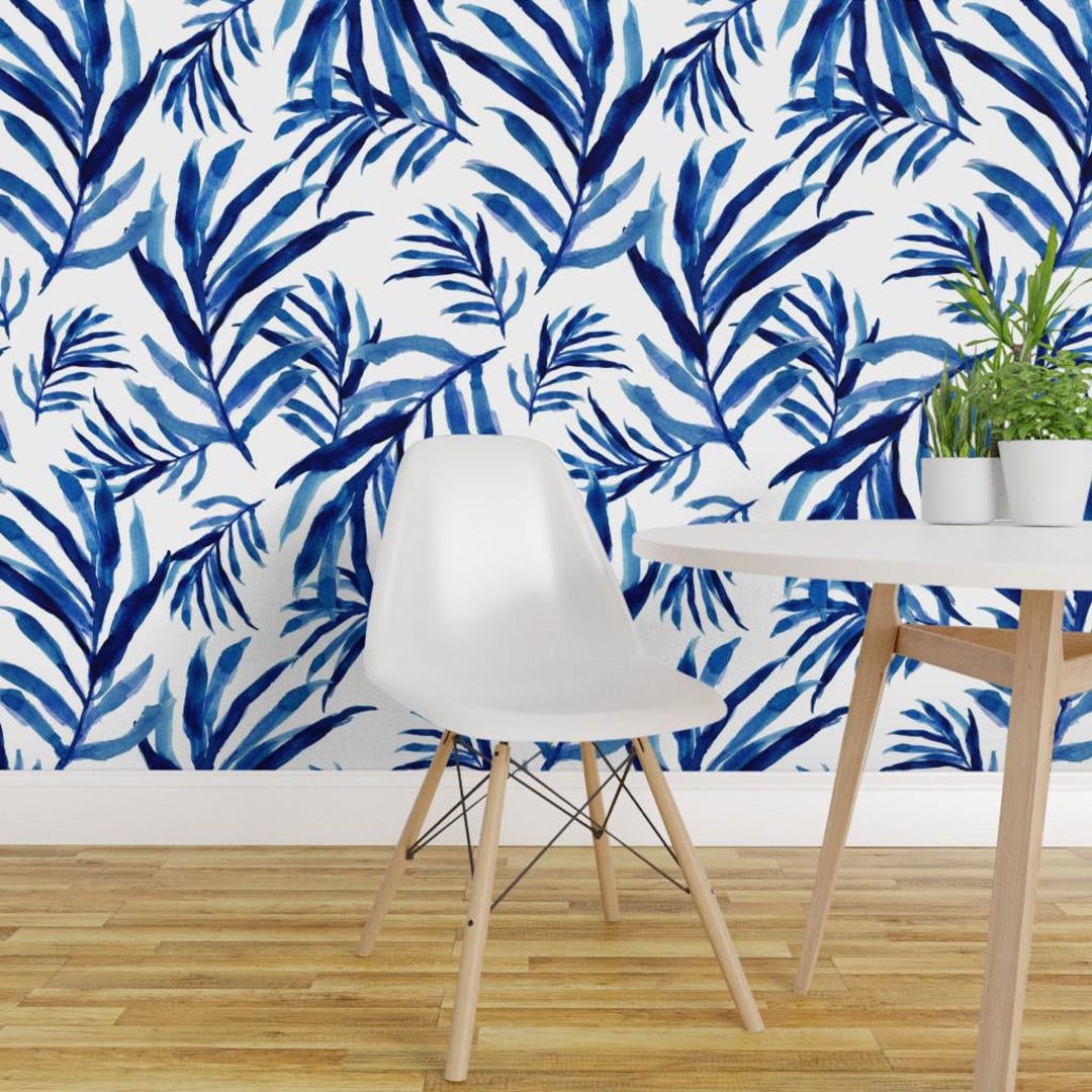 Tropical Wallpaper - Blue Palm Fronds by Shopcabin- Botanical Farmhouse ...