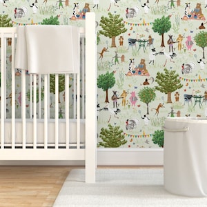 Whimsical Wallpaper - Animals&#39; Garden Party by dasbrooklyn -  Animals Picnic Tea Party Removable Peel and Stick Wallpaper by Spoonflower