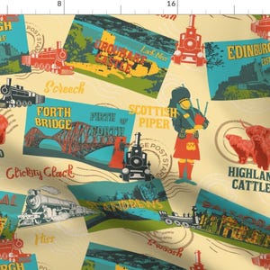 Retro Vintage Postcard Fabric - Explore Scenic Scotland Through Heritage Railways By Winkeltriple - Retro Vintage Fabric With Spoonflower