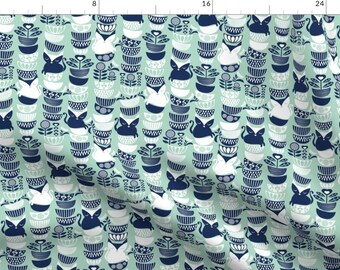 Cat Fabric - Swedish Folk Cats By Selmacardoso - Cat Cups Flowers Blue Mint White Folk Swedish Cotton Fabric By The Yard With Spoonflower