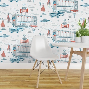 Retro Peel and Stick Wallpaper - Car Mid-century Alien Toile Ufo Sci Fi Atomic Motel - Removable Wall Decor Art - Sky-lit Motel by ruby_ritz