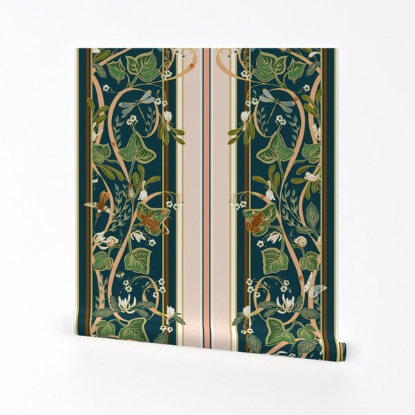Art Nouveau Wallpaper - Royal Garden Stripes By Southwind - Teal Blush Vines Vertical Removable Self Adhesive Wallpaper Roll by Spoonflower