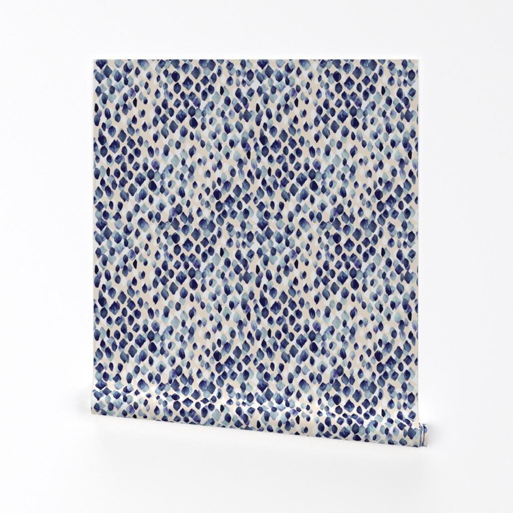 Indigo Blue Wallpaper - Indigo Rain By Crystal Walen - Blue White Polka Dot Abstract Removable Self Adhesive Wallpaper Roll by Spoonflower