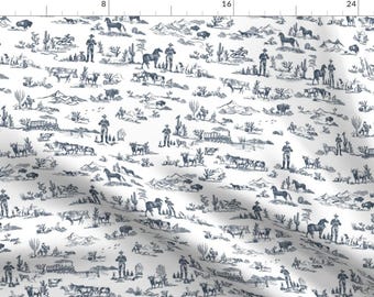 Classic Apparel Fabric - Cowboy Toile De Jouy by hughes_studio - Vintage Blue Hand Drawn Western Americana Clothing Fabric by Spoonflower