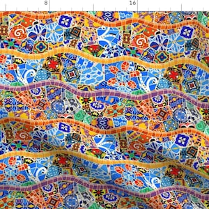 Spanish Fabric - Spanish Tile Mosaic By Elramsay - Blue Orange Red Hispanic Latino Beautiful Cotton Fabric By The Yard With Spoonflower