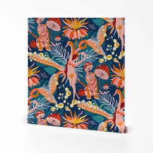 Women Flora Tiger Fabric - Tropical Blossom Dance By Heidi-Abeline - Bright Female Removable Self Adhesive Wallpaper Roll by Spoonflower