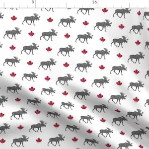 Canada Fabric - Canadian Moose (Small Scale) - Gray Red By Littlearrowdesign - Canada Moose Maple Cotton Fabric By The Yard With Spoonflower
