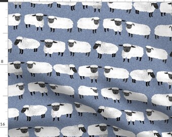 Knitting Fabric - Sheep // Farm Animal Cute Sheep Wool Knitting By Andrea Lauren - Sheep Blue Cotton Fabric By The Yard With Spoonflower