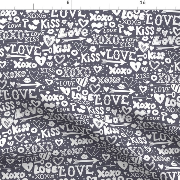 Love Grey Typography Valentine's Pattern Fabric - Love Doodlings 18 0421 By Daria Rosen - Love Cotton Fabric By The Yard With Spoonflower