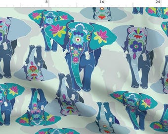 Elephant Festival Fabric - Tropical Boho Painted African Elephant Blue Two Way By Shellypenko - Cotton Fabric By The Yard With Spoonflower