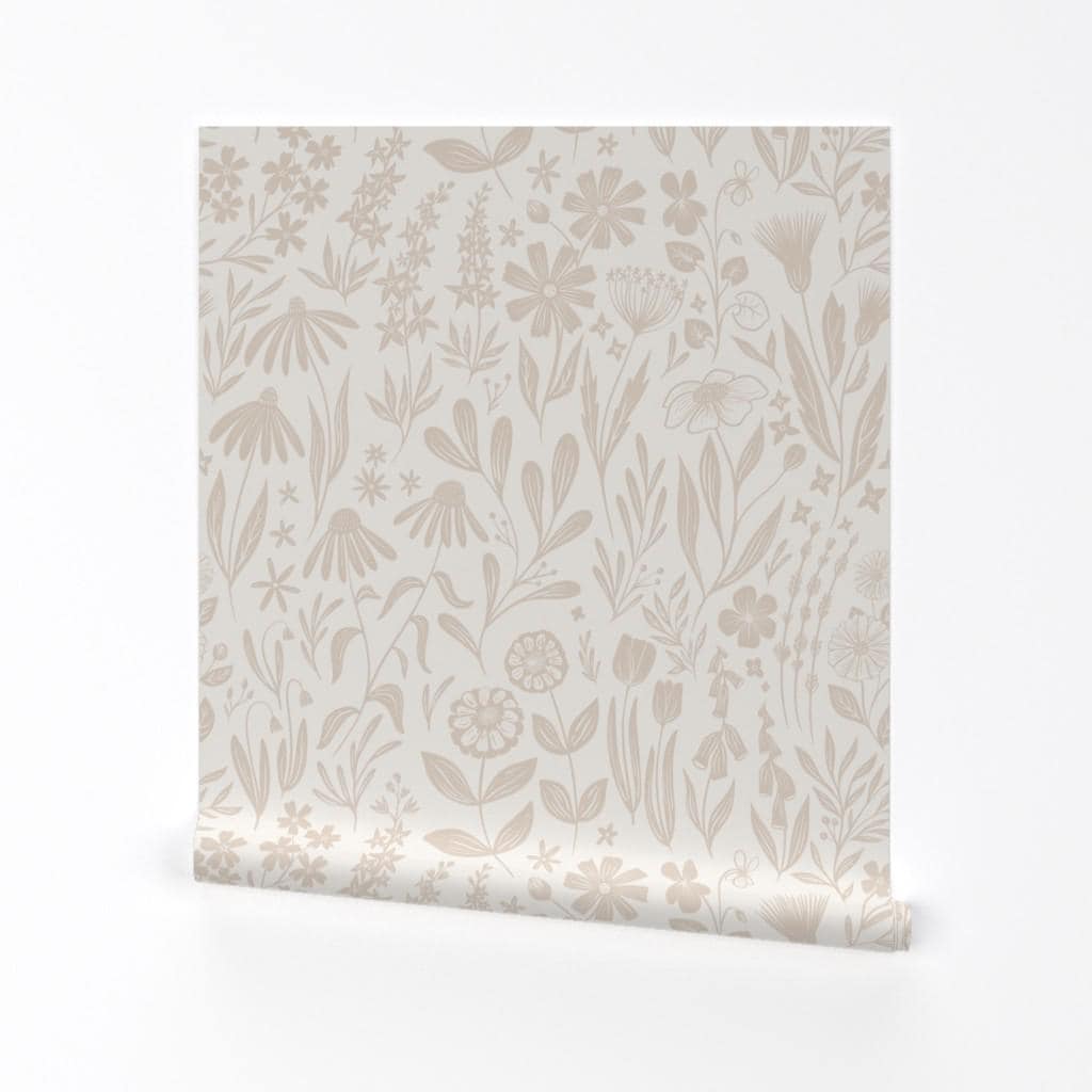 Flowers Removable Peel and Stick Wallpaper - Cream Tan Nude Botanical - Wall Art Wall Decor - Tan And Cream Wildflowers by writtenbykristen