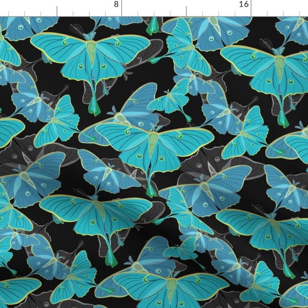 Luna Moth Fabric - Moths Opalescent By Caela Bee Designs - Jewel Tone Luna Moths Blue Black Cotton Fabric By The Yard With Spoonflower