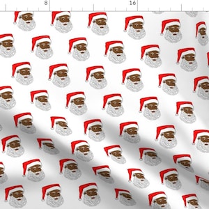 May include: A white background with a repeating pattern of black Santa Claus faces wearing red hats. The Santa Claus faces have white beards and are outlined in black.
