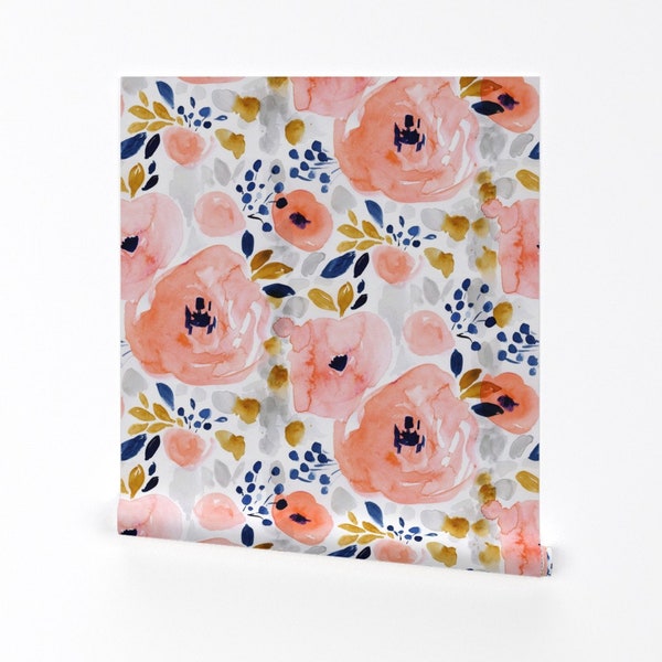 Navy and Coral Floral Wallpaper Etsy
